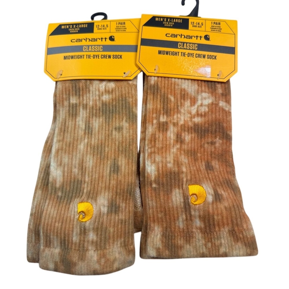 2 pack Carhartt Classic Midweight Tie-Dye Crew Socks Mens XL 12-14.5 Brown Tan